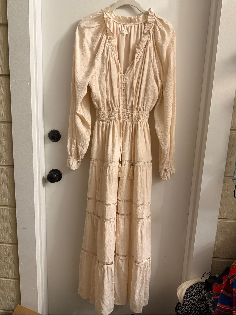 Just Me Women's Tiered boho whimsical cream Dress Long Sleeve small